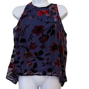 En Creme Cold Shoulder Floral Velvet Burnout Top Size S Blue Red Sheer